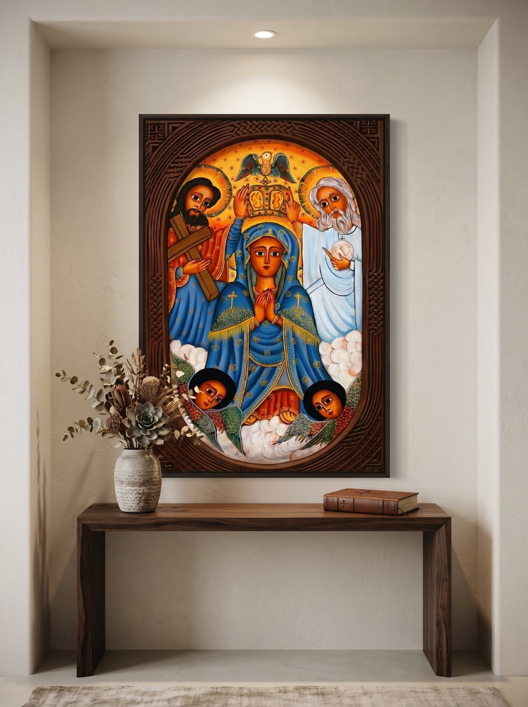 Ethiopian Orthodox Religious Icon Canvas Wall Art - Holy Trinity with Virgin Mary KidaneMihret - Print Multiple Sizes | WomeGifts