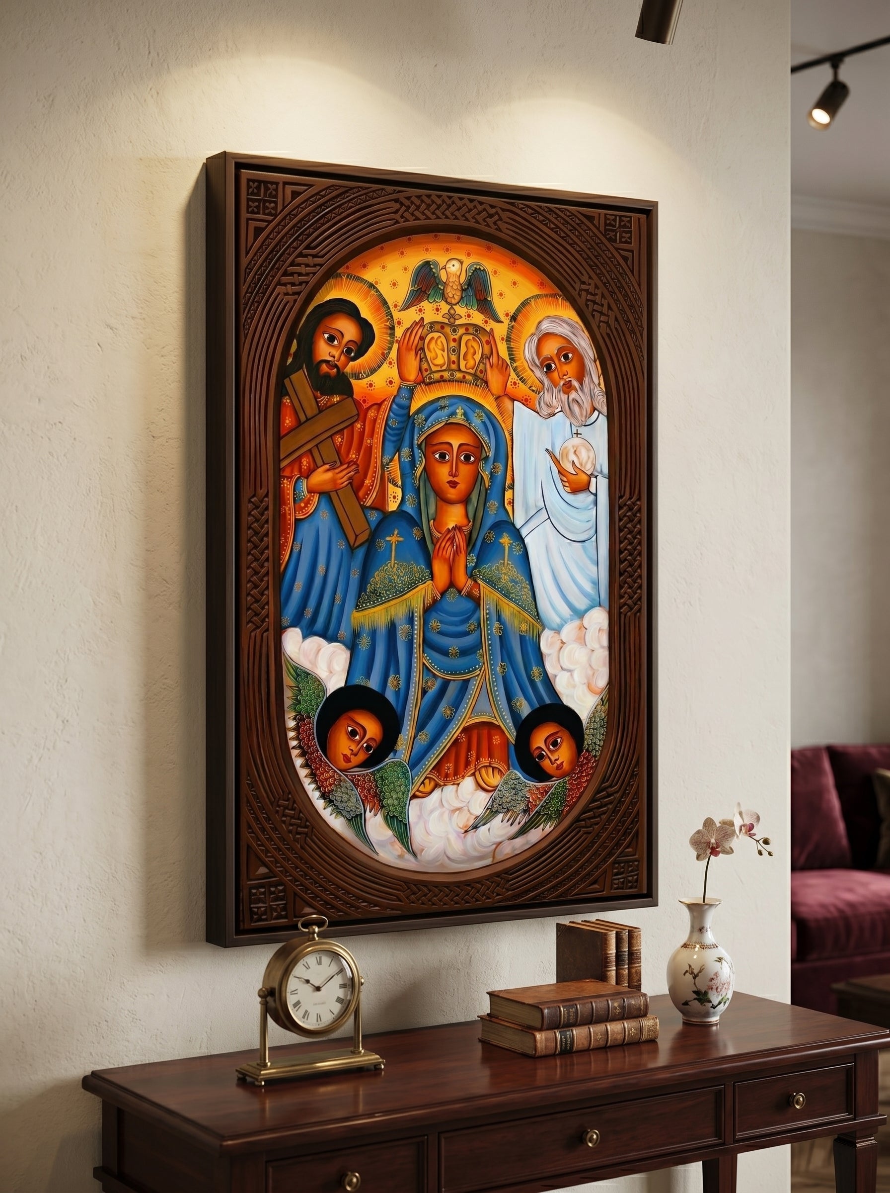 Ethiopian Orthodox Religious Icon Canvas Wall Art - Holy Trinity with Virgin Mary KidaneMihret - Print Multiple Sizes | WomeGifts