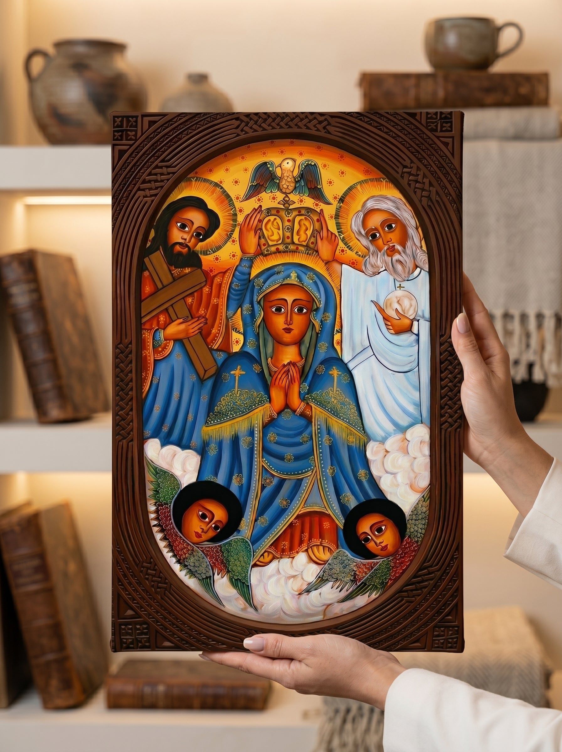 Ethiopian Orthodox Religious Icon Canvas Wall Art - Holy Trinity with Virgin Mary KidaneMihret - Print Multiple Sizes | WomeGifts