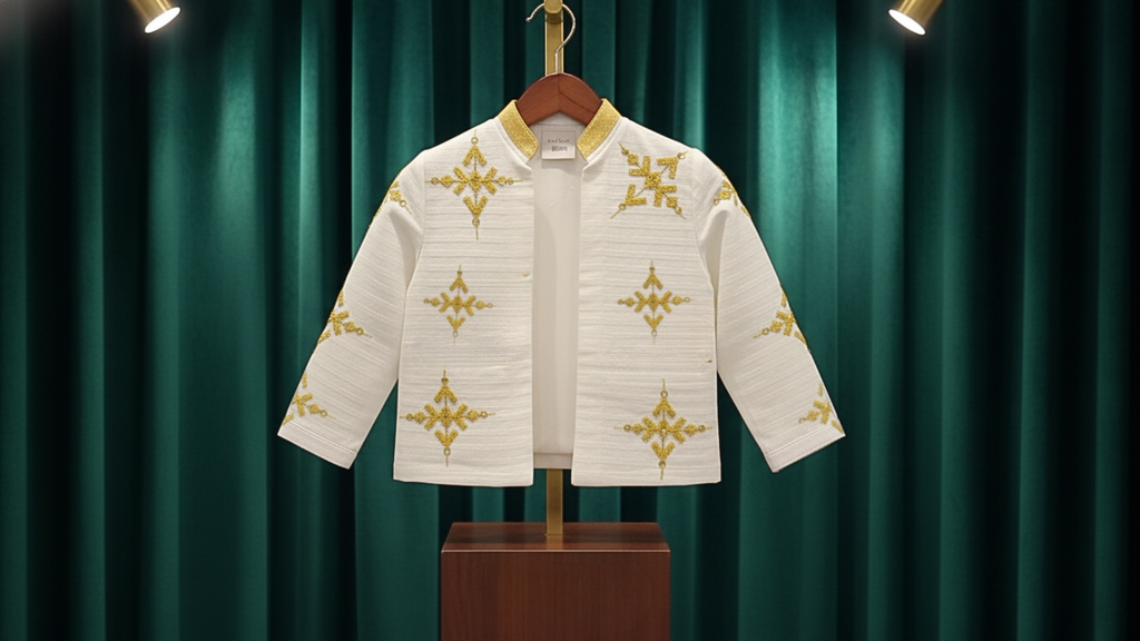 Habesha Kids Ethiopian Traditional Long sleeve open shirt - White & Gold Embroidered Cultural Clothing | WomeGifts