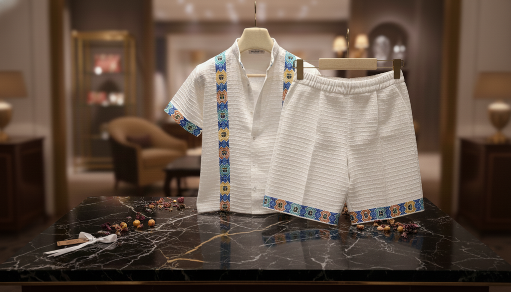 Habhesa Kids Ethiopian Traditional Outfit Set - White Embroidered Shirt & Shorts 2-Piece Set | WomeGifts