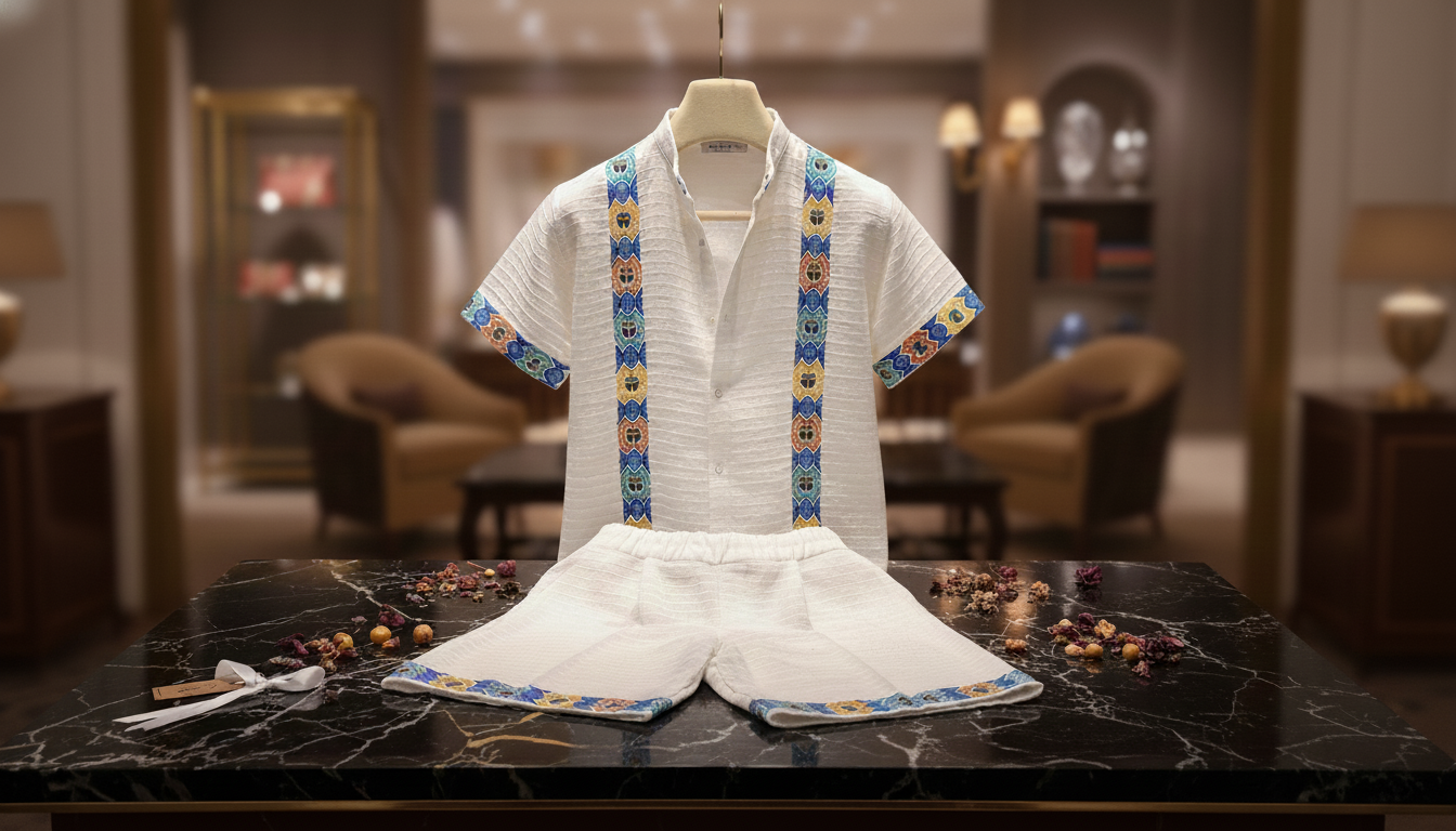 Habhesa Kids Ethiopian Traditional Outfit Set - White Embroidered Shirt & Shorts 2-Piece Set | WomeGifts