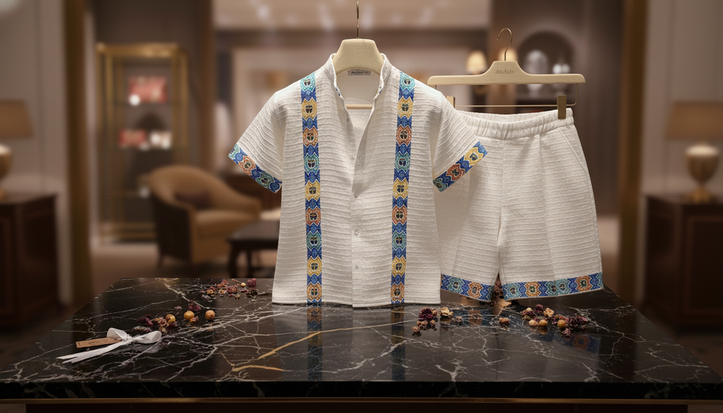Habhesa Kids Ethiopian Traditional Outfit Set - White Embroidered Shirt & Shorts 2-Piece Set | WomeGifts