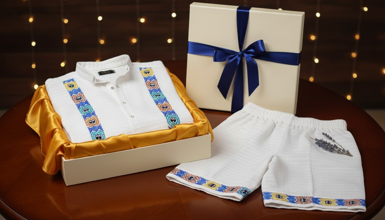 Habhesa Kids Ethiopian Traditional Outfit Set - White Embroidered Shirt & Shorts 2-Piece Set | WomeGifts
